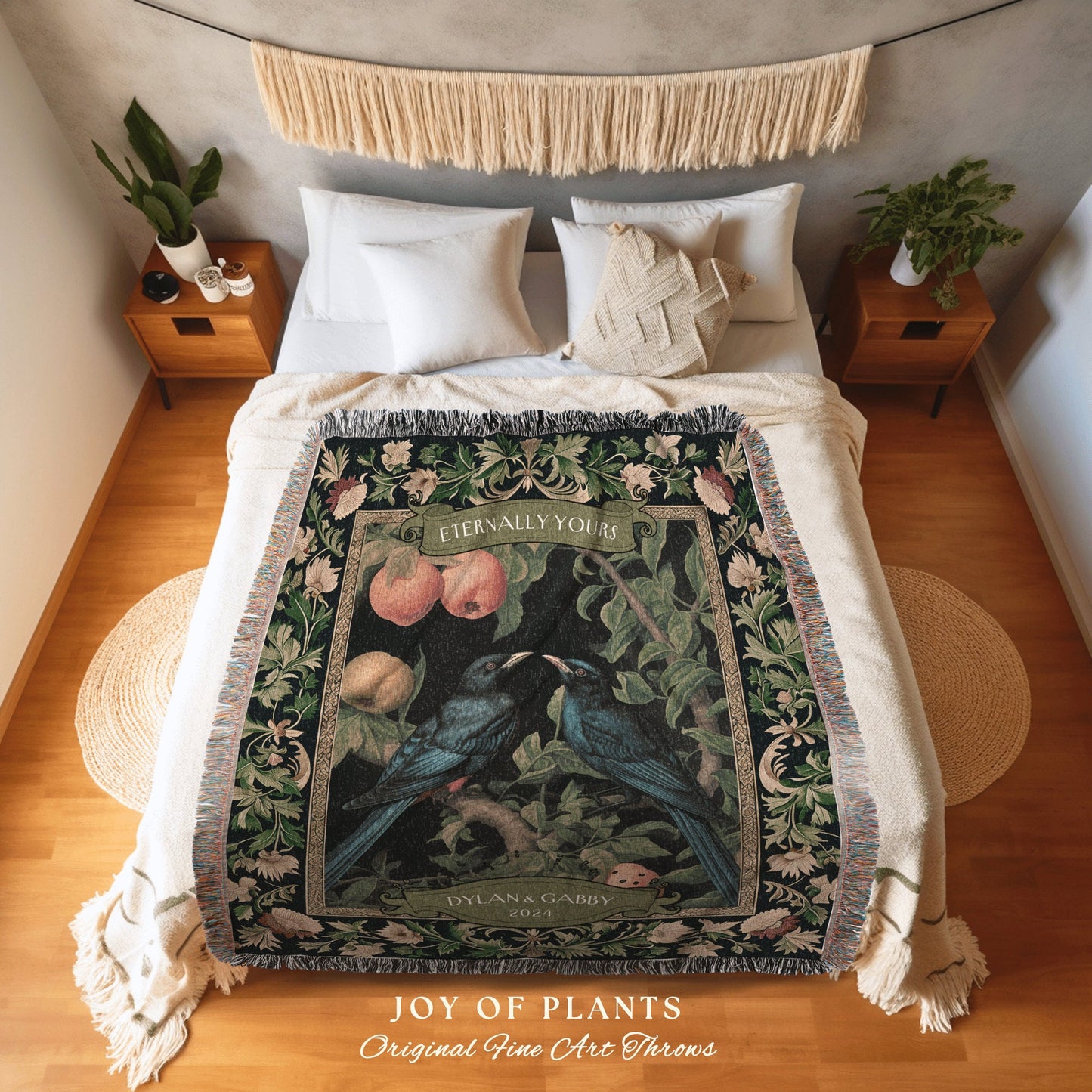 Floral Victorian Wedding Personalized Tapestry | Crowcore Aesthetic Woven Throw Personalized Dating Anniversary Botanical Gift for Newlyweds