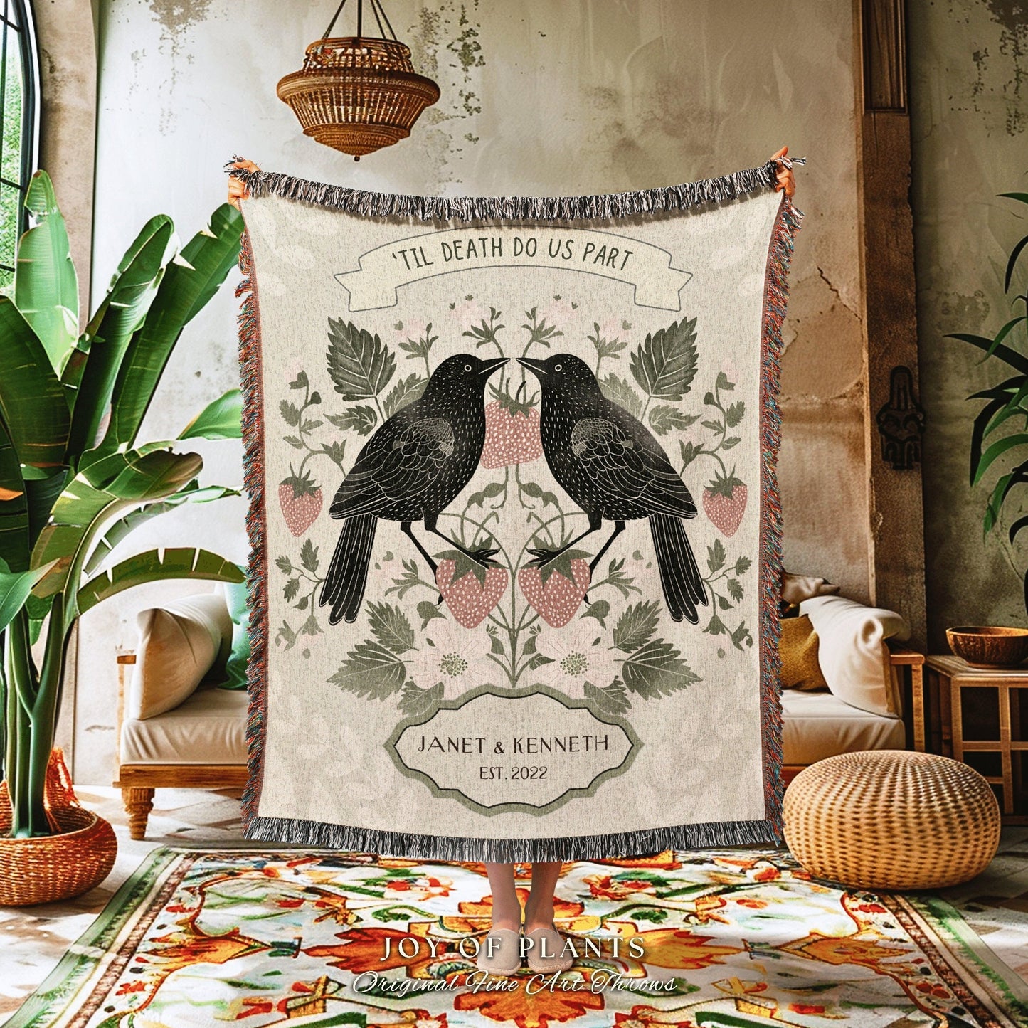 Scandinavian Custom Couple Blanket | Strawberry Aesthetic Woven Throw Custom Dating Anniversary 'Til Death do us Part' Raven Tapestry Gift |