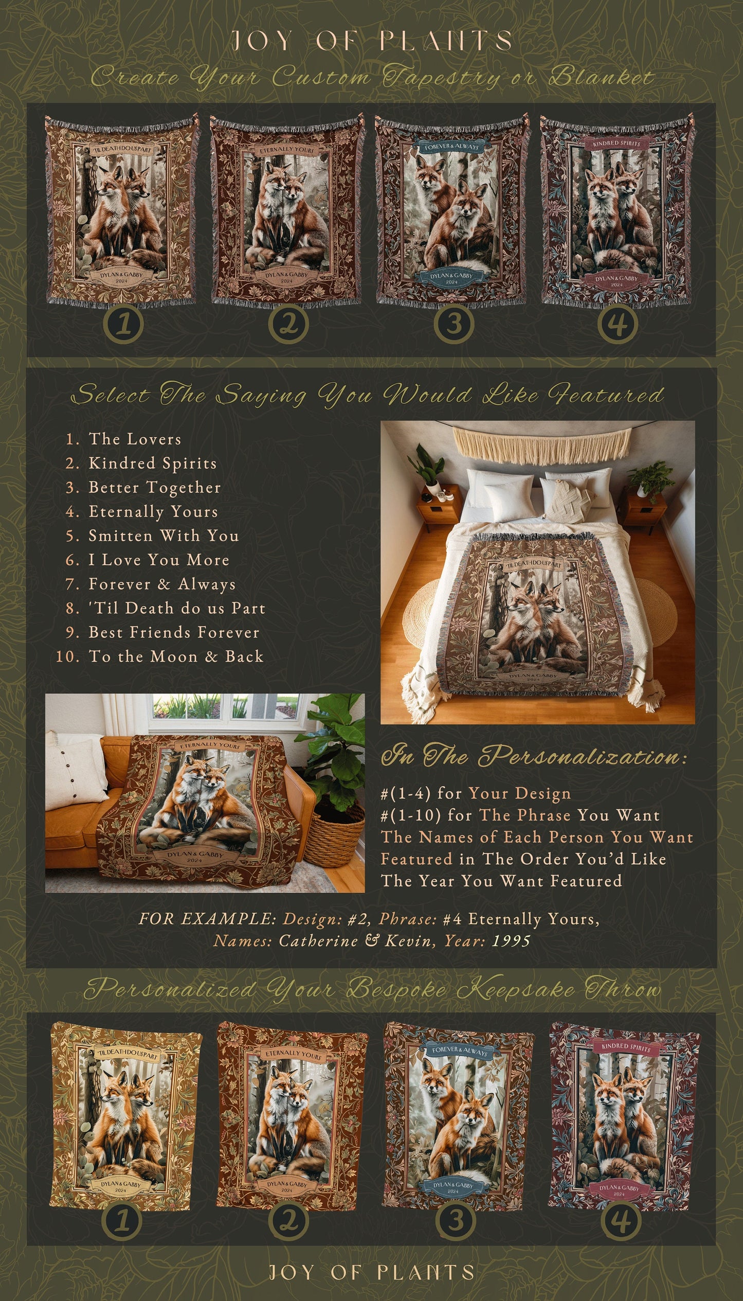 Victorian Fox Lovers Custom Tapestry | Forest Aesthetic Whimsical Woodland Wedding Anniversary Cottagecore Dating Gift Personalized Blanket