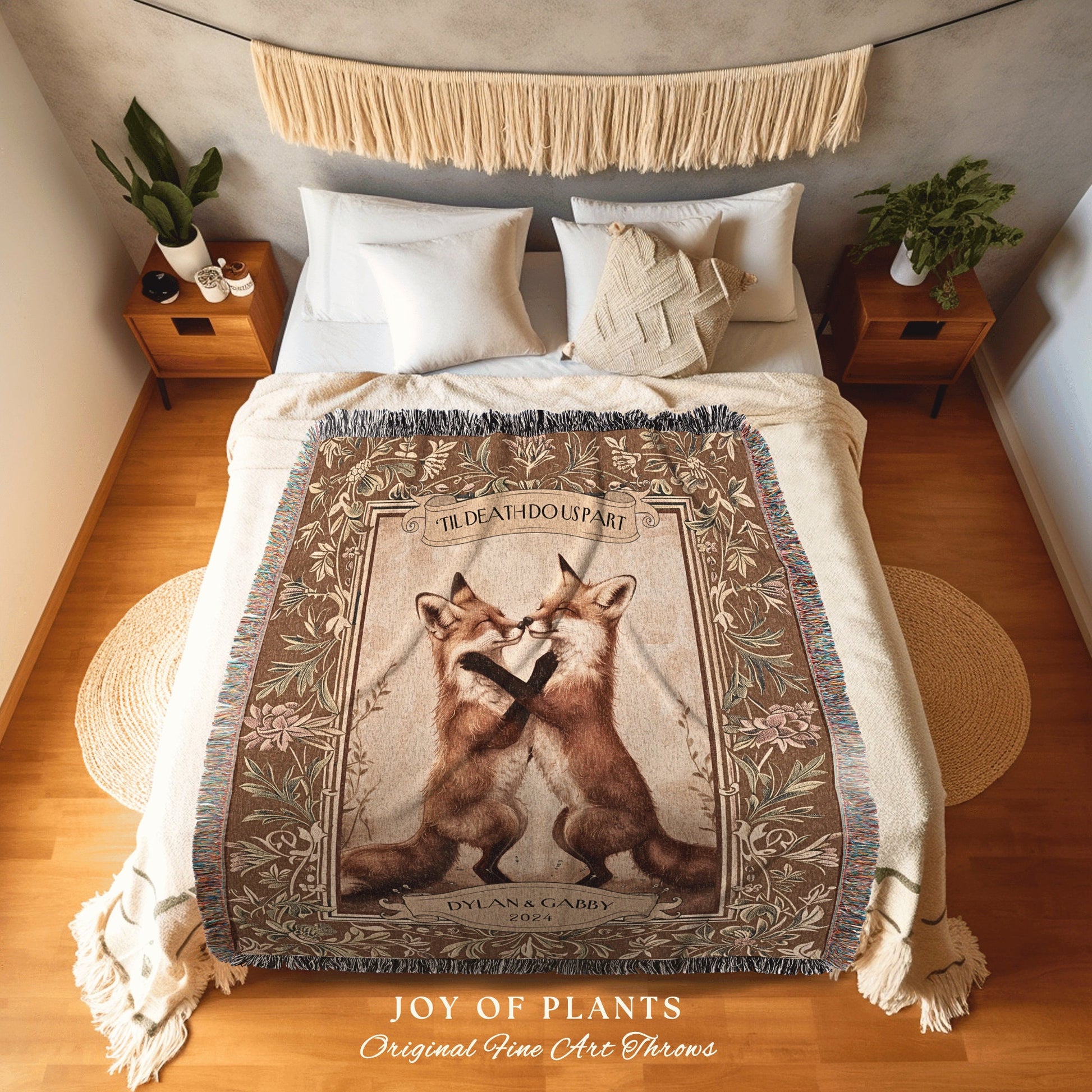 Playful Fox Couple Woven Throw Blanket | Forest Aesthetic Whimsical Woodland Wedding Anniversary Cottagecore Dating Gift Personalized Names