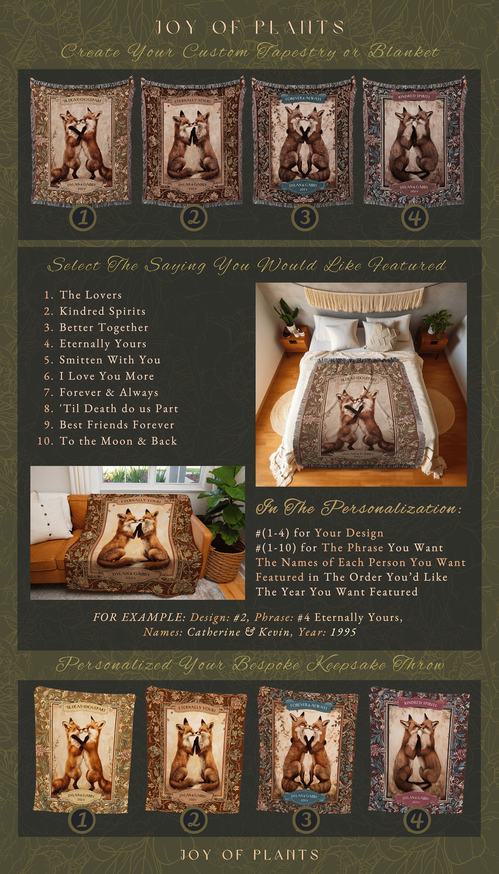 Whimsical Fox Lovers Personalized Throw | Cozy Cottagecore Aesthetic Custom Name Blanket Boho Woodland Wedding Anniversary Gift for Partner