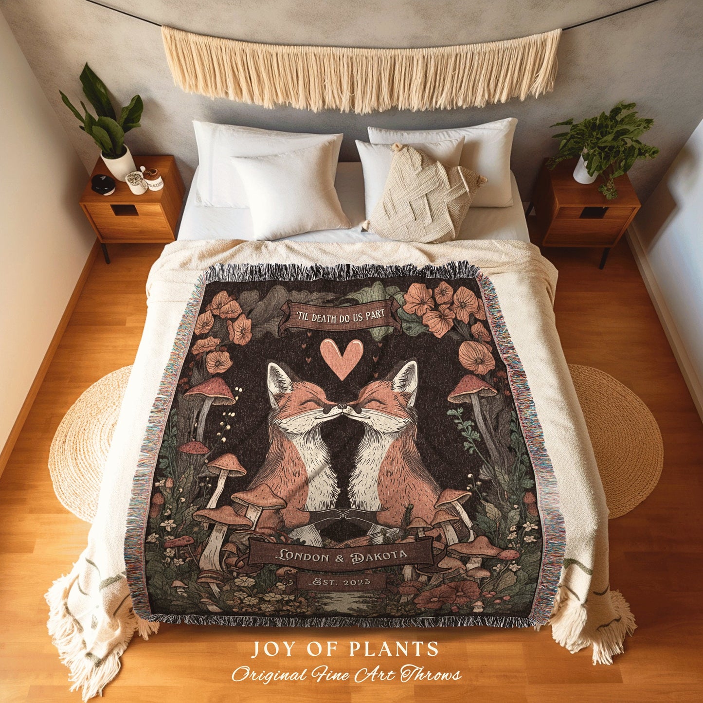 Fox Lovers Anniversary Couple Throw Blanket | Woodland Aesthetic Whimsical Folklore Wedding Keepsake Cottagecore Dating Gift Custom Tapestry