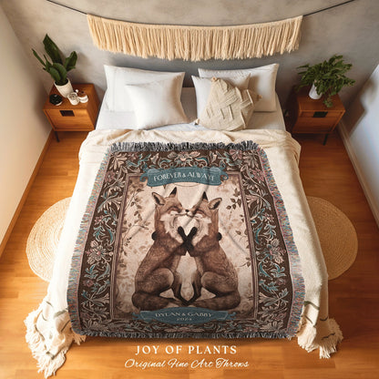 Whimsical Fox Lovers Personalized Throw | Cozy Cottagecore Aesthetic Custom Name Blanket Boho Woodland Wedding Anniversary Gift for Partner