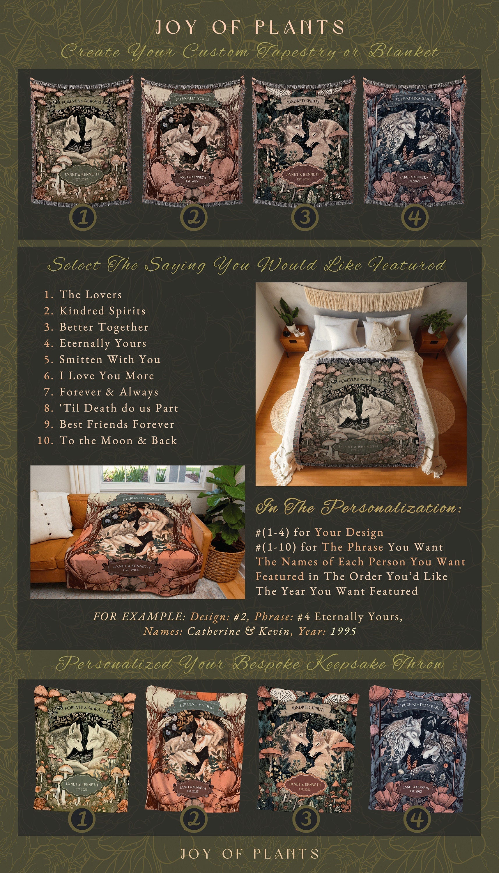 Folklore Wolf Blanket Custom Couple Gift | Outdoorsy Anniversary Gift Custom Woodland Blanket Cottagecore Wedding Unique Couple Personalized