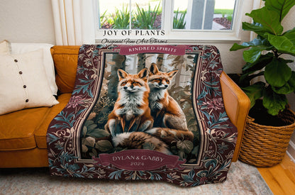 Fox Couple Personalized Throw Blanket | Whimsical Aesthetic Pastel Woodland Wedding Anniversary Cottagecore Dating Gift 'Kindred Spirits' |