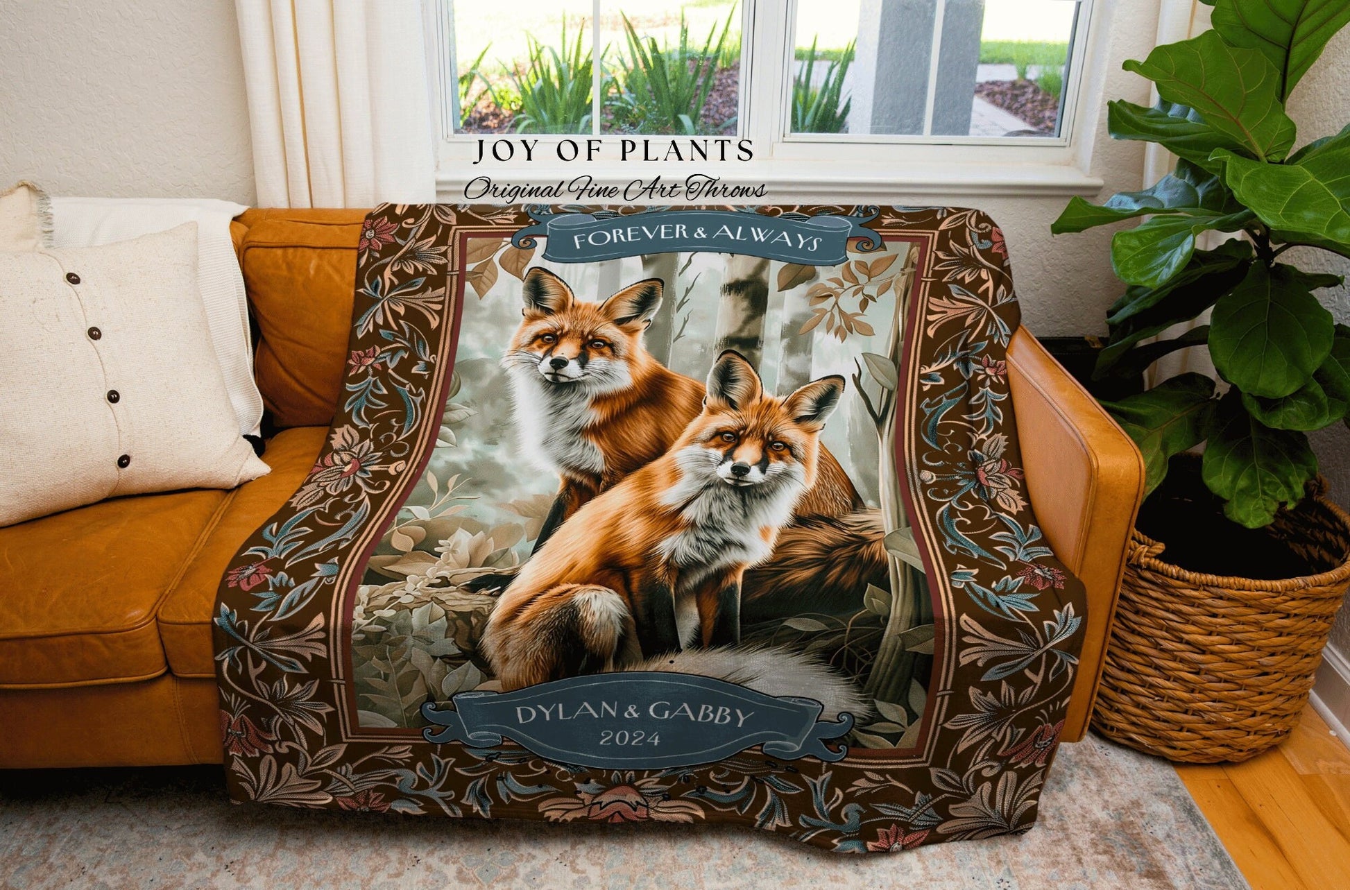 Cozy Aesthetic Fox Couple Throw Blanket | Whimsical Aesthetic Pastel Woodland Wedding Anniversary Cottagecore Dating Gift 'Kindred Spirits'