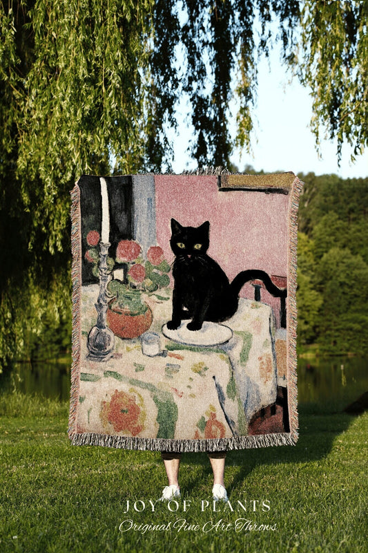 Black Cat Aesthetic Halloween Tapestry Van Gogh Inspired Art Blanket Woven | Whimsical Room Decor Black Cat Decor Dark Cottagecore Tapestry