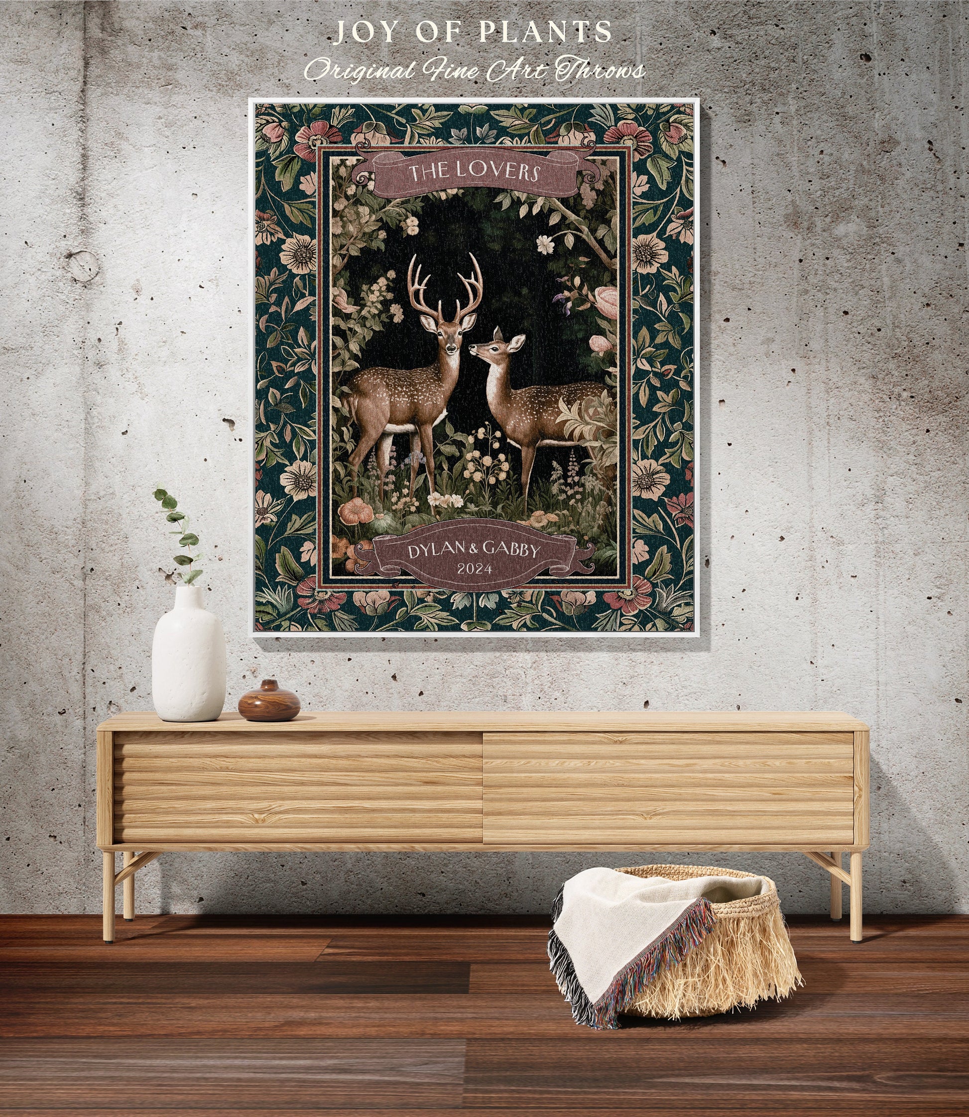 Outdoorsy Deer Couple Woven Blanket Custom | Victorian Gothic Forest Aesthetic Personalized Tapestry Wedding Unique Gift Idea for Girlfriend