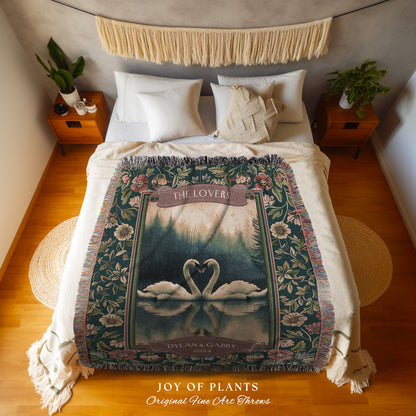 Romantic Couple Swans Tapestry Blanket Personalized Ethereal Aesthetic Valentine Gift Lover Bird Woven Throw Custom Gift Wedding Anniversary