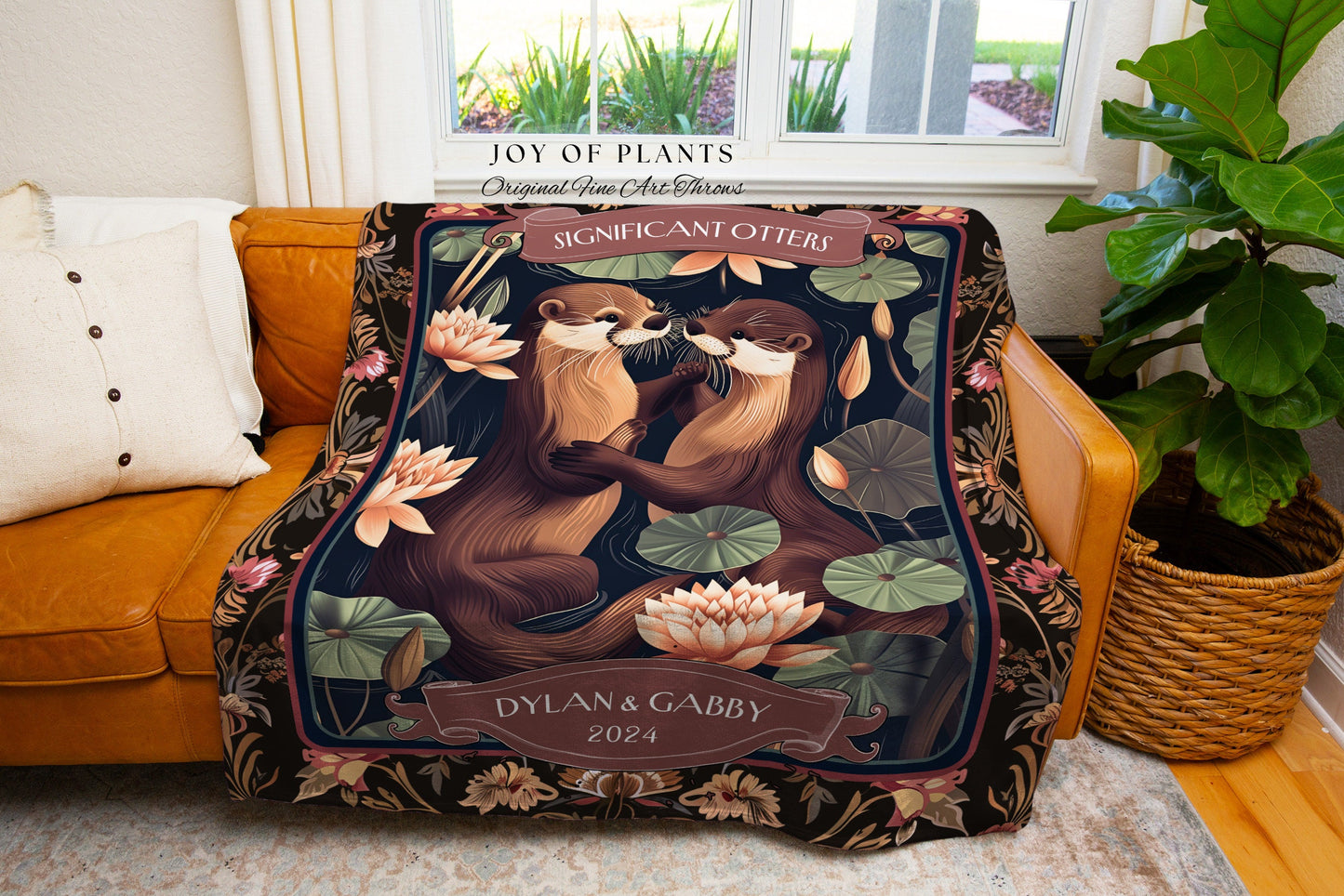 Woodland Otter Lovers Woven Throw Blanket | Whimsical Anniversary 'Otterly in Love' Custom Established Date Gift Significant Otters Cute |