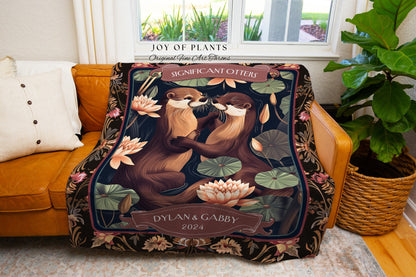 Woodland Otter Lovers Woven Throw Blanket | Whimsical Anniversary 'Otterly in Love' Custom Established Date Gift Significant Otters Cute |