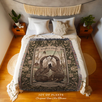 Otter Lovers Blanket Personalized Anniversary Gift Custom Name Tapestry Throw, Rustic Woodland Cottagecore Art Woven Wedding Gift For Couple