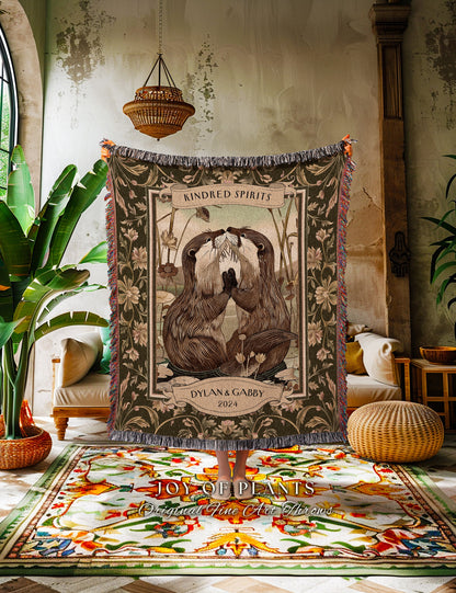 Otter Lovers Blanket Personalized Anniversary Gift Custom Name Tapestry Throw, Rustic Woodland Cottagecore Art Woven Wedding Gift For Couple