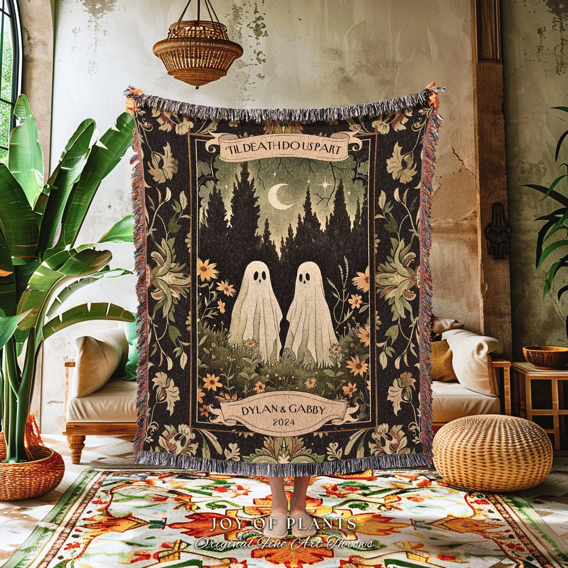 Woodland Ghost Couple Woven Blanket | Witchy Anniversary Gift Personalized Kindred Spirits His and Hers Custom Ghost Couple Gothic Throw |