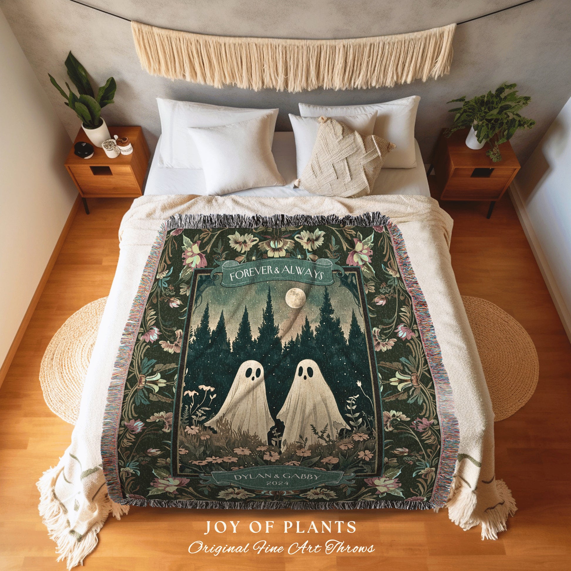 Celestial Ghost Lovers Woven Tapestry | Ethereal Anniversary Gift Personalized Kindred Spirits His and Hers Custom Ghost Couple Throw Floral