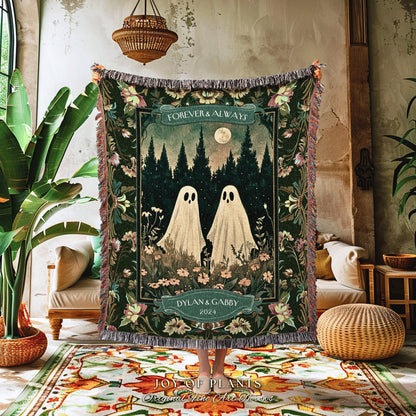 Celestial Ghost Lovers Woven Tapestry | Ethereal Anniversary Gift Personalized Kindred Spirits His and Hers Custom Ghost Couple Throw Floral