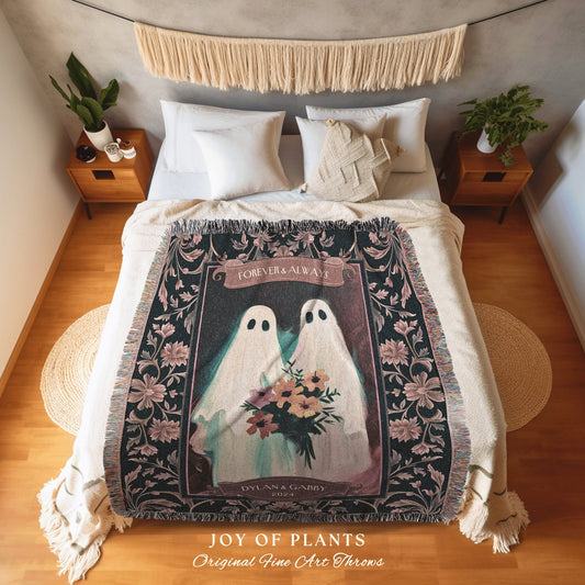 Mr & Mrs Ghost Couple Woven Blanket | Ethereal Wedding Anniversary Gift Personalized Kindred Spirits His and Hers Custom Name Tapestry |