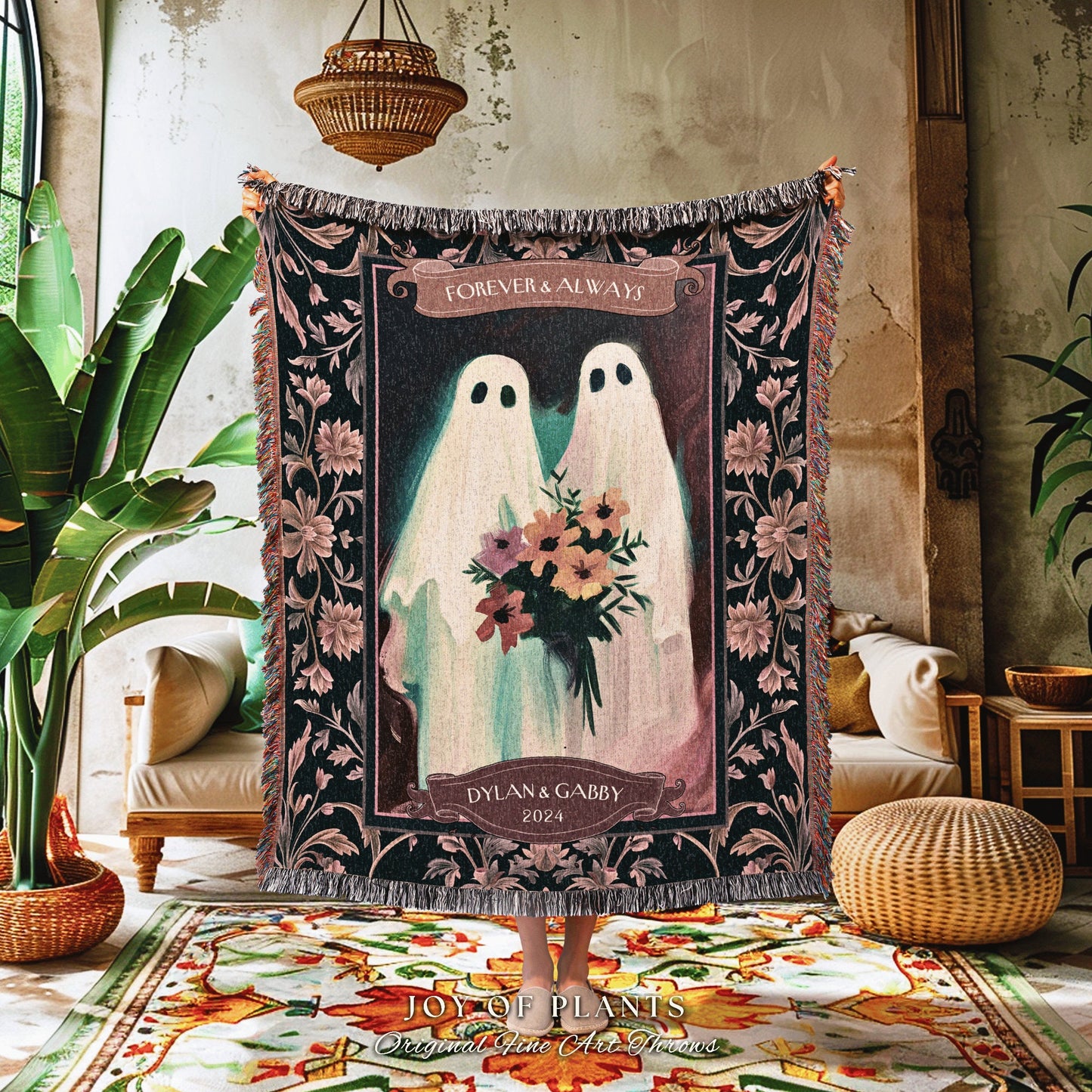 Mr & Mrs Ghost Couple Woven Blanket | Ethereal Wedding Anniversary Gift Personalized Kindred Spirits His and Hers Custom Name Tapestry |