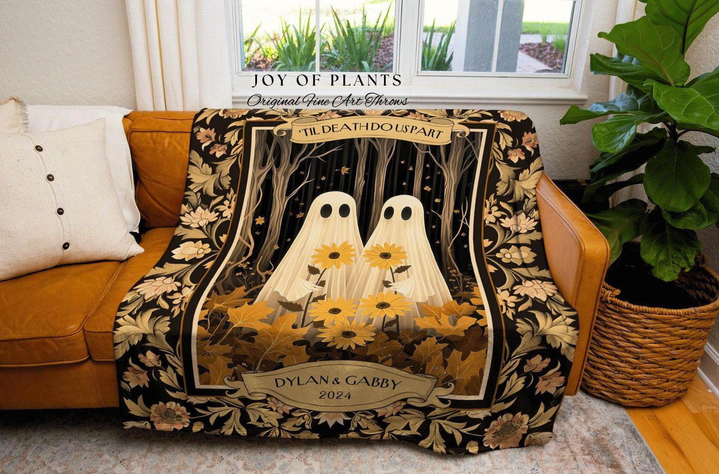 Sunflower Ghost Couple Cute Blanket | Wedding Anniversary Gift Personalized Kindred Spirits His and Hers Tapestry Spooky Wedding Custom Art