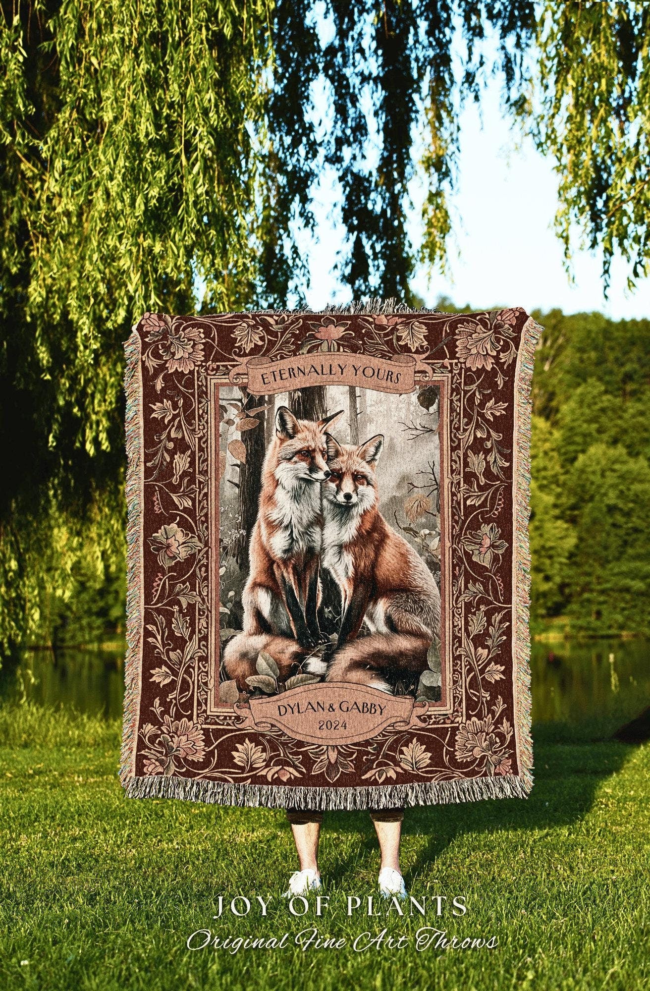 Victorian Fox Lovers Custom Tapestry | Forest Aesthetic Whimsical Woodland Wedding Anniversary Cottagecore Dating Gift Personalized Blanket