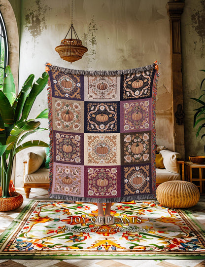 Whimsical Purple Pumpkin Patchwork Blanket Bohemian Cottagegoth Tapestry Trow | Boho Cottagecore Checkered Decor Retro Folk Art Aesthetic