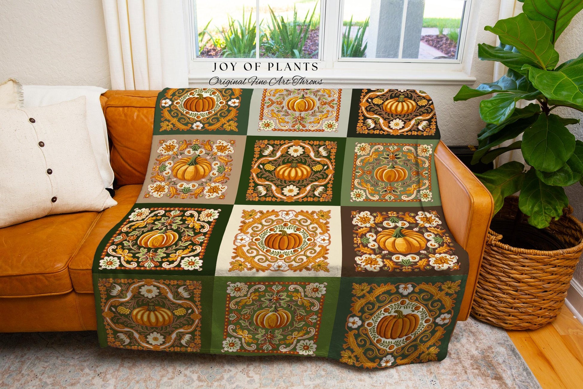 Retro Fall Pumpkin Blanket Woven Cozy | Autumn Colors Home Decor Whimsical Halloween Throw Blanket Book Nook Room Decor Fall Vibes Cute |