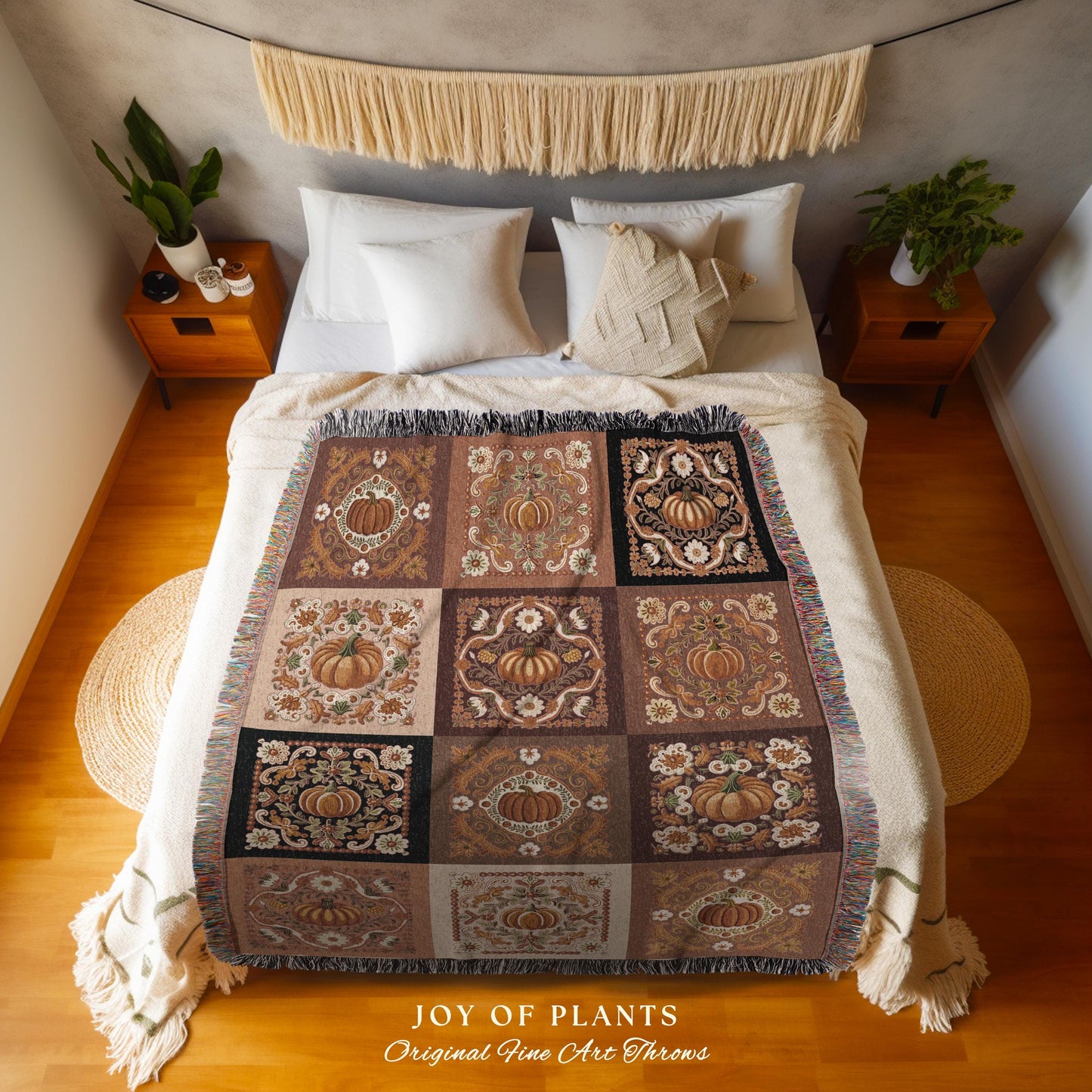 Warm Fall Colors Cozy Pumpkin Tapestry | Autumn Colors Woven Blanket Home Decor Spooky Season Throw Blanket Book Nook Room Decor Fall Vibes