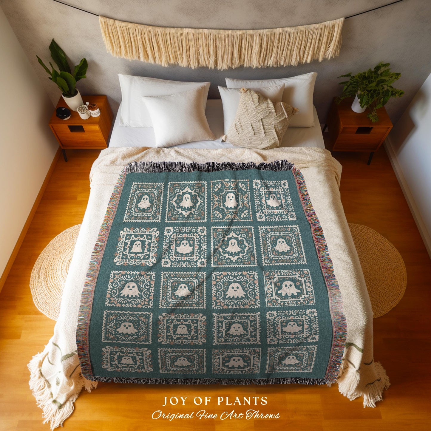 Elegant Ghost Picnic Blanket Spooky Cute | Ethereal Teal Retro Halloween Throw Blanket Book Nook Home Decor Fall Vibes Gift for Ghost Lover