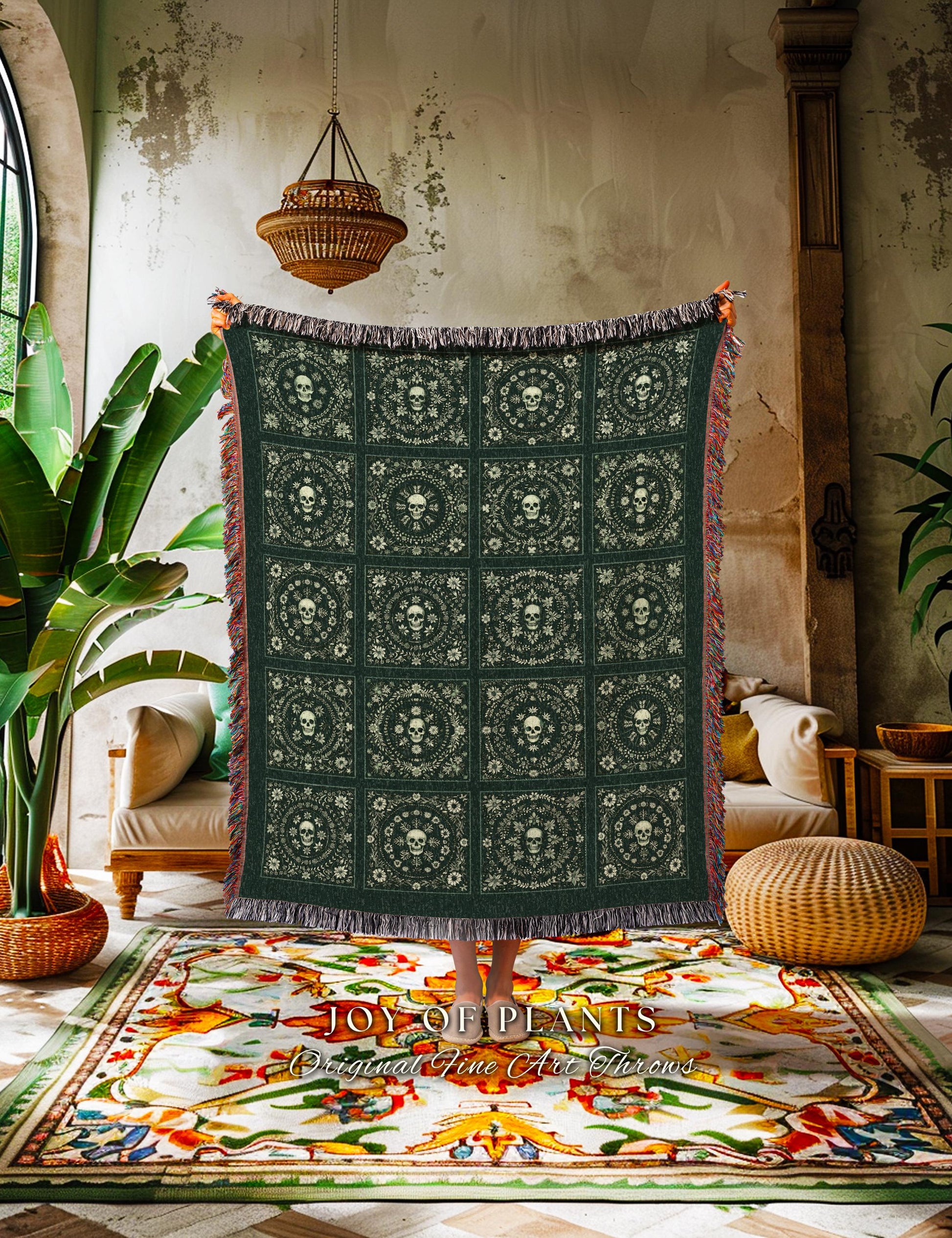 Forest Green Woven Skull Tapestry | Pastel Goth Whimsigoth Throw Blanket Book Nook Home Decor Fall Vibes Gift for Halloween Aesthetic Cute |