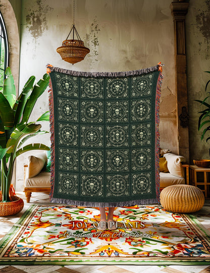 Forest Green Woven Skull Tapestry | Pastel Goth Whimsigoth Throw Blanket Book Nook Home Decor Fall Vibes Gift for Halloween Aesthetic Cute |