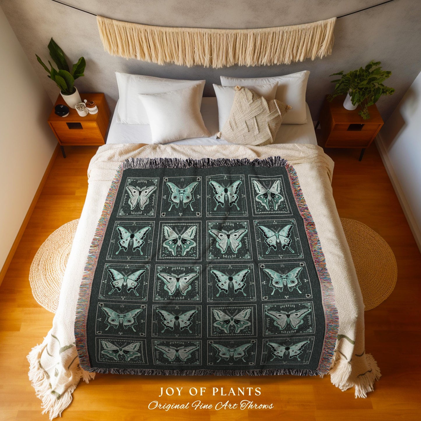 Ethereal Luna Moth Tapestry Blanket | Fairycore Woven Blanket Dark Teal Butterfly Room Decor for Moth Lover Cottagecore Bedroom Whimsigoth