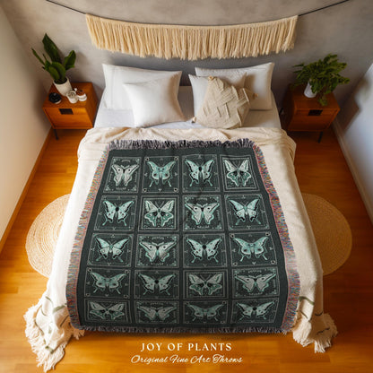 Ethereal Luna Moth Tapestry Blanket | Fairycore Woven Blanket Dark Teal Butterfly Room Decor for Moth Lover Cottagecore Bedroom Whimsigoth