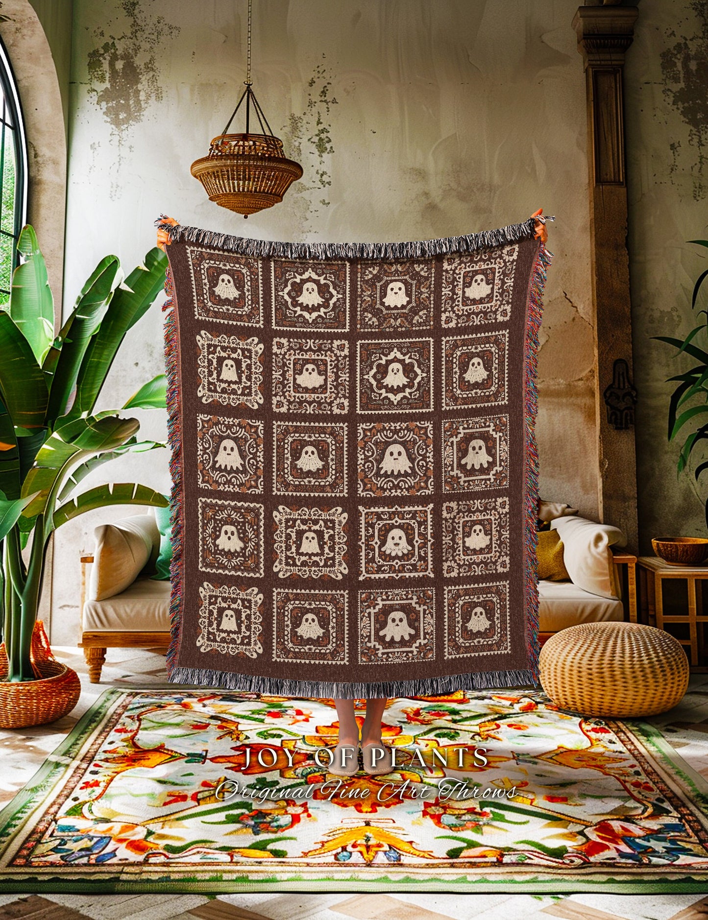 Chocolate Brown Cute Ghost Tapestry | Ghost Love Housewarming Gift Whimsical Throw Blanket Book Nook Bedroom Decor Retro Cozy Fall Vibes |