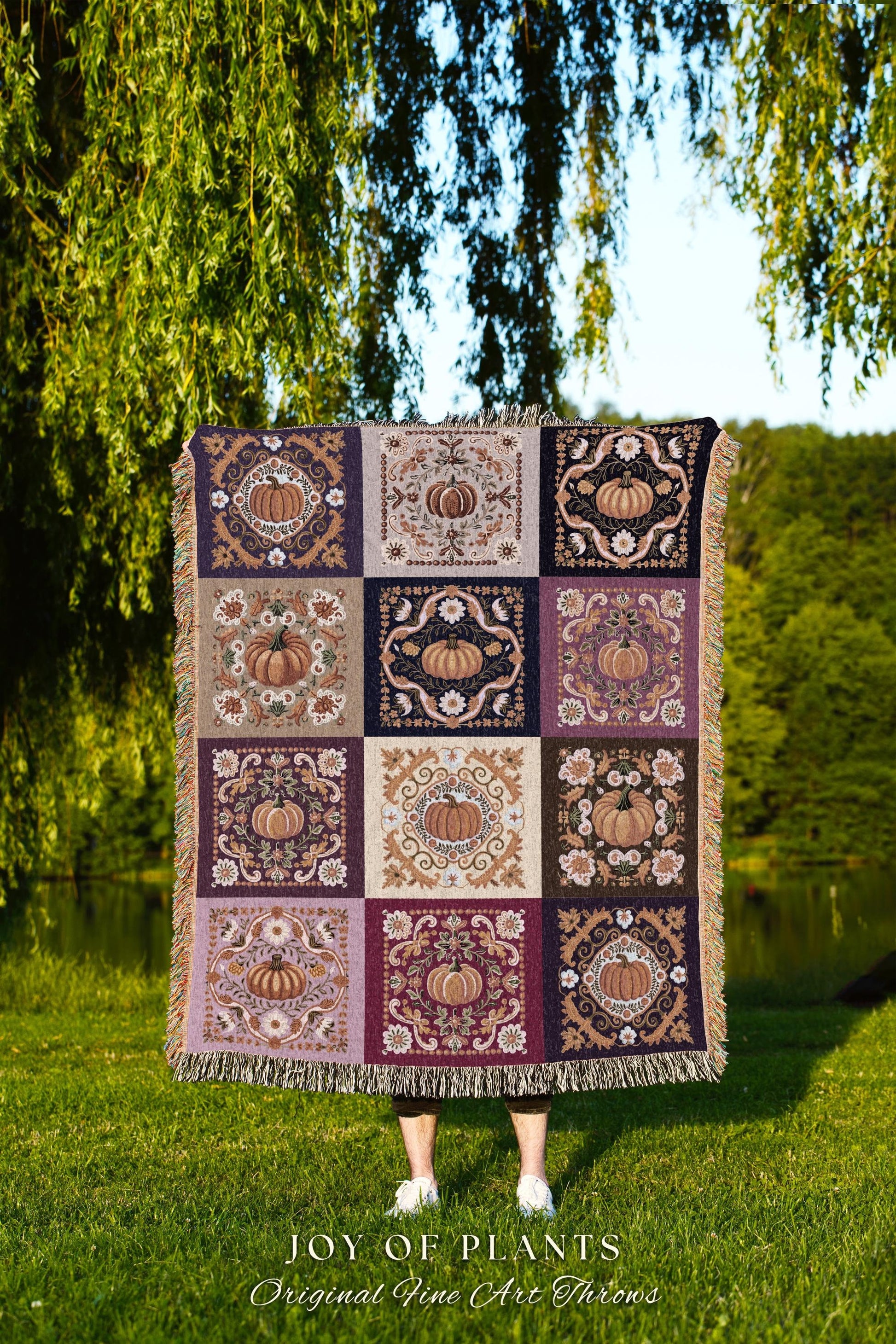 Whimsical Purple Pumpkin Patchwork Blanket Bohemian Cottagegoth Tapestry Trow | Boho Cottagecore Checkered Decor Retro Folk Art Aesthetic