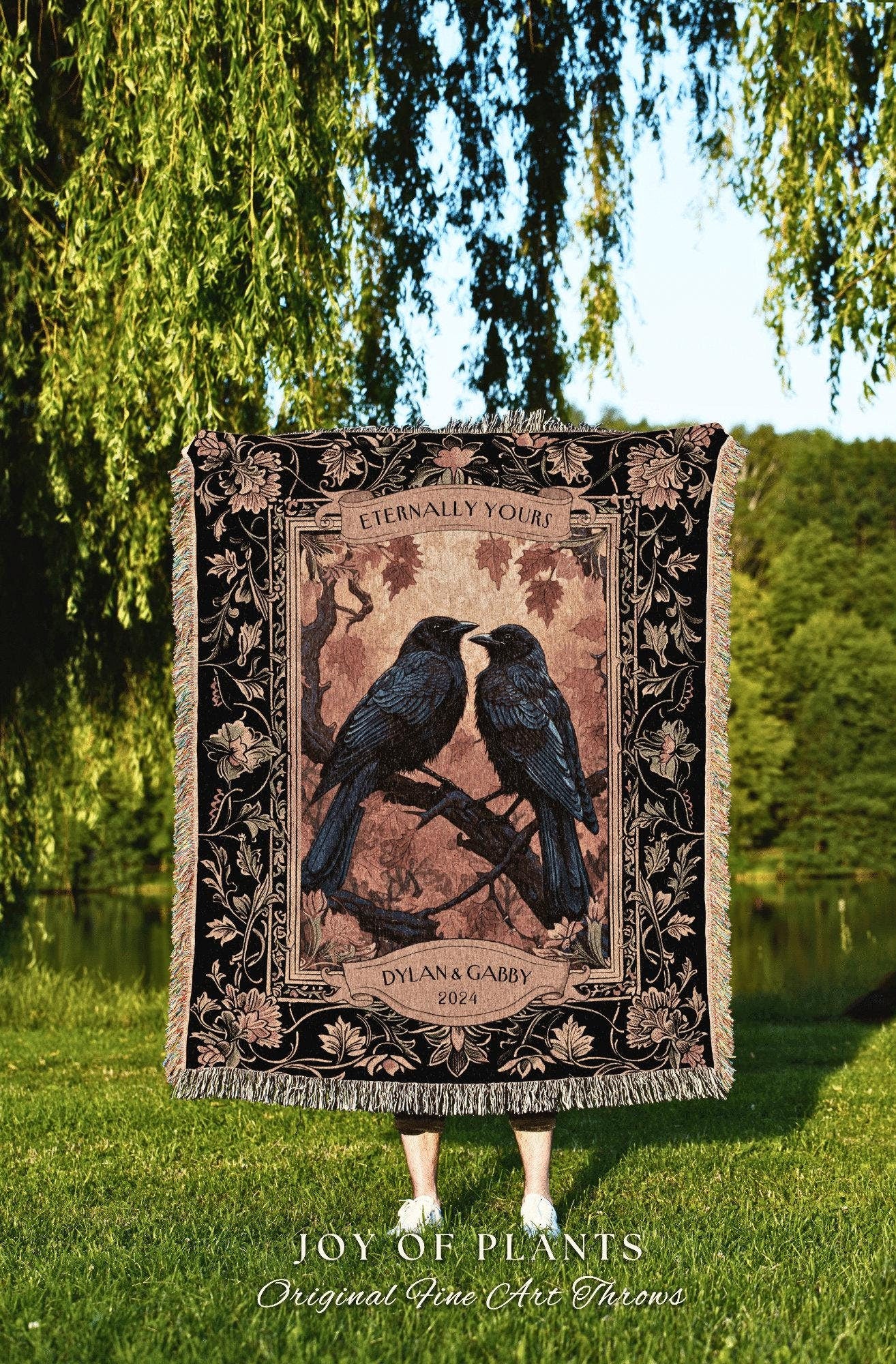 Dark Academia Raven Couple Tapestry Custom Names | Crowcore Aesthetic Woven Throw Custom Dating Anniversary 'Eternally Yours' Crow Lover