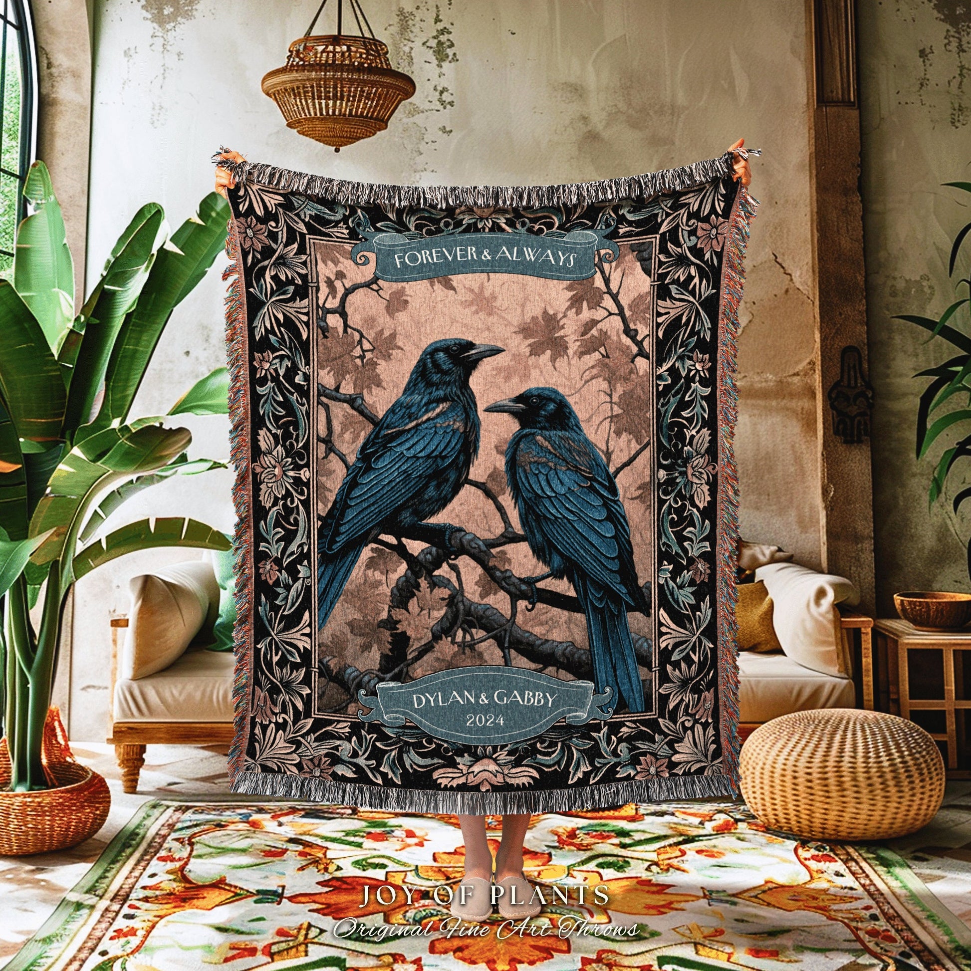 Wedding Keepsake Blanket Personalized Names | Woodland Aesthetic Woven Throw Custom Dating Anniversary 'Til Death do us Part' Crow Tapestry