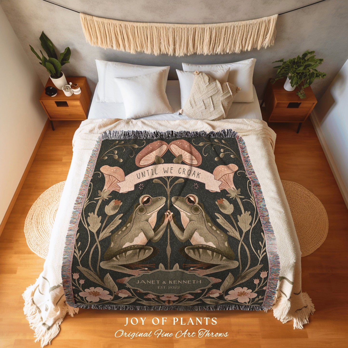 Until we Croak Frog Couple Custom Blanket | Cottagecore Toad Aesthetic Woven Throw Blanket Personalized Anniversary Gift Woodland Tapestry |