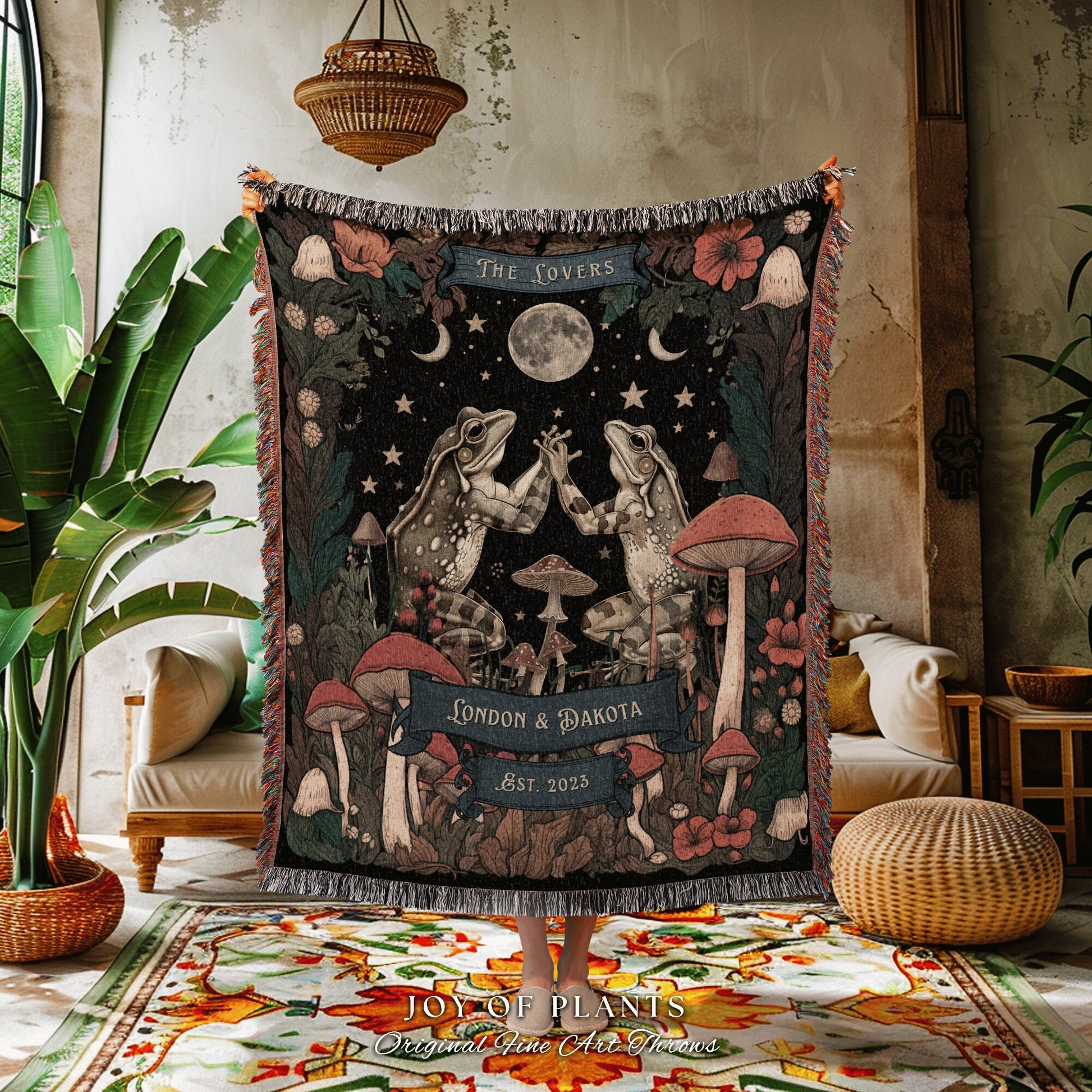 Celestial Frog Lovers Starry Night Blanket Mystic Folklore Mushroom Cottagecore Toad Couples Wedding Tapestry Woven Throw Anniversary Gift