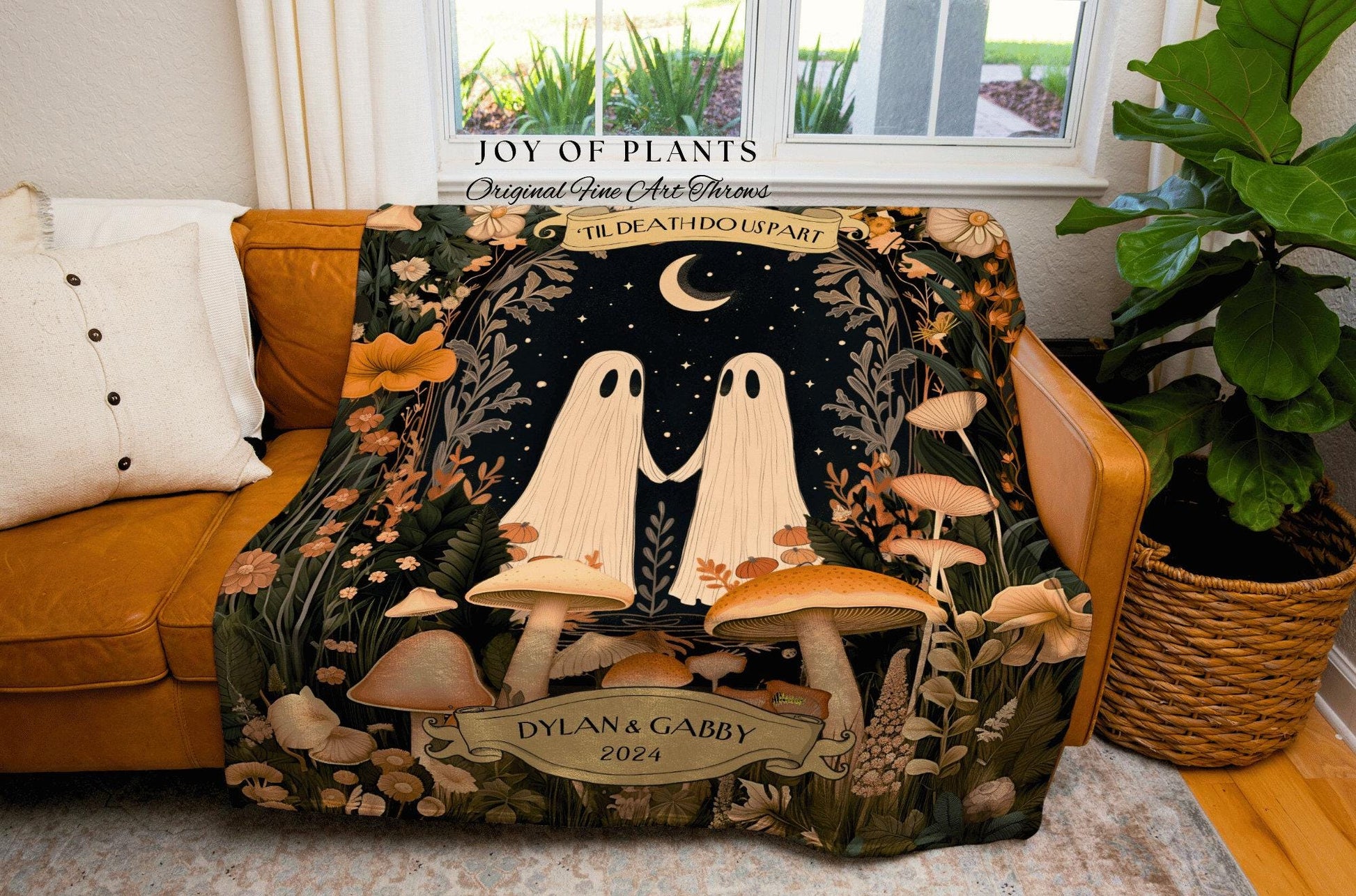 Folklore Spirits Woven Couples Tapestry | Celestial Anniversary Gift Personalized His & Hers Custom Ghost Couple Gothic Anniversary Blanket