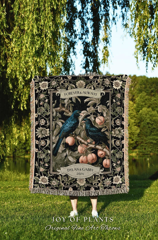 Botanical Aesthetic Wedding Tapestry | Crowcore Aesthetic Woven Throw Personalized Dating Anniversary Raven Gift for Goths Custom Blanket |