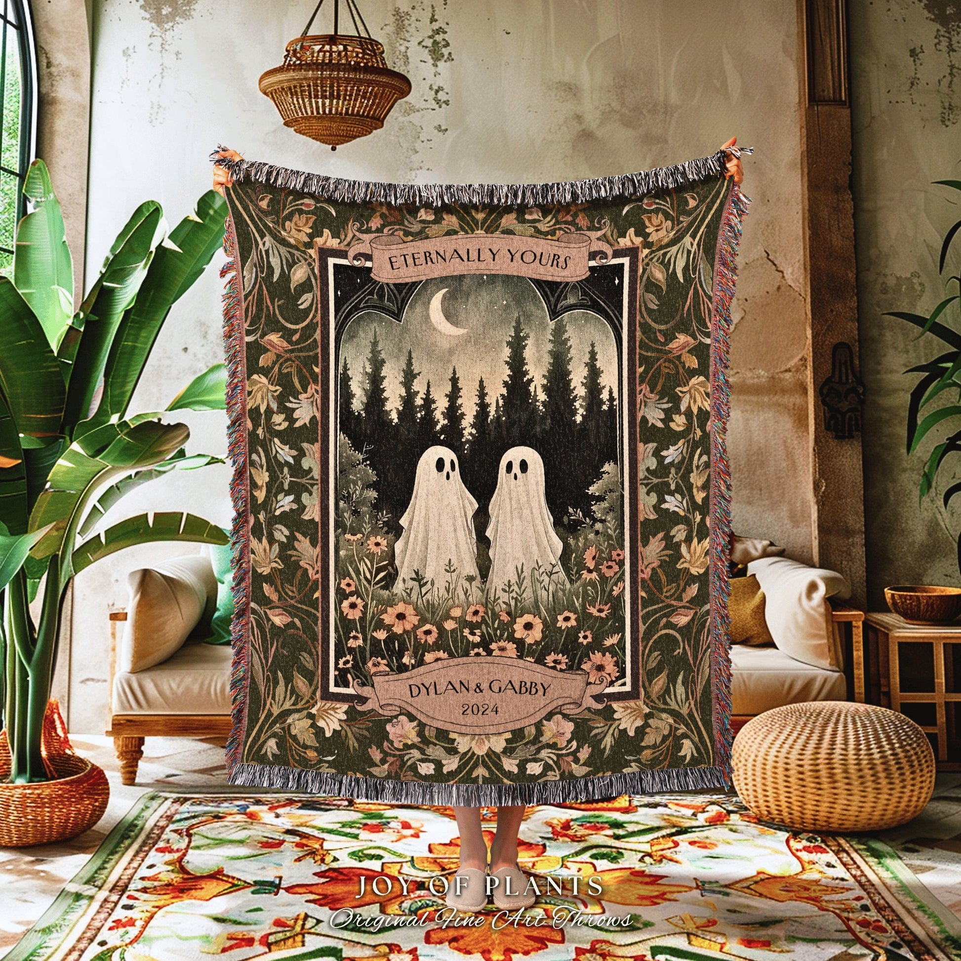 Wildflower Ghost Couple Woven Tapestry | Celestial Anniversary Personalized Mr & Mrs Custom Ghost Lover Gothic Kindred Spirits Newlywed Gift