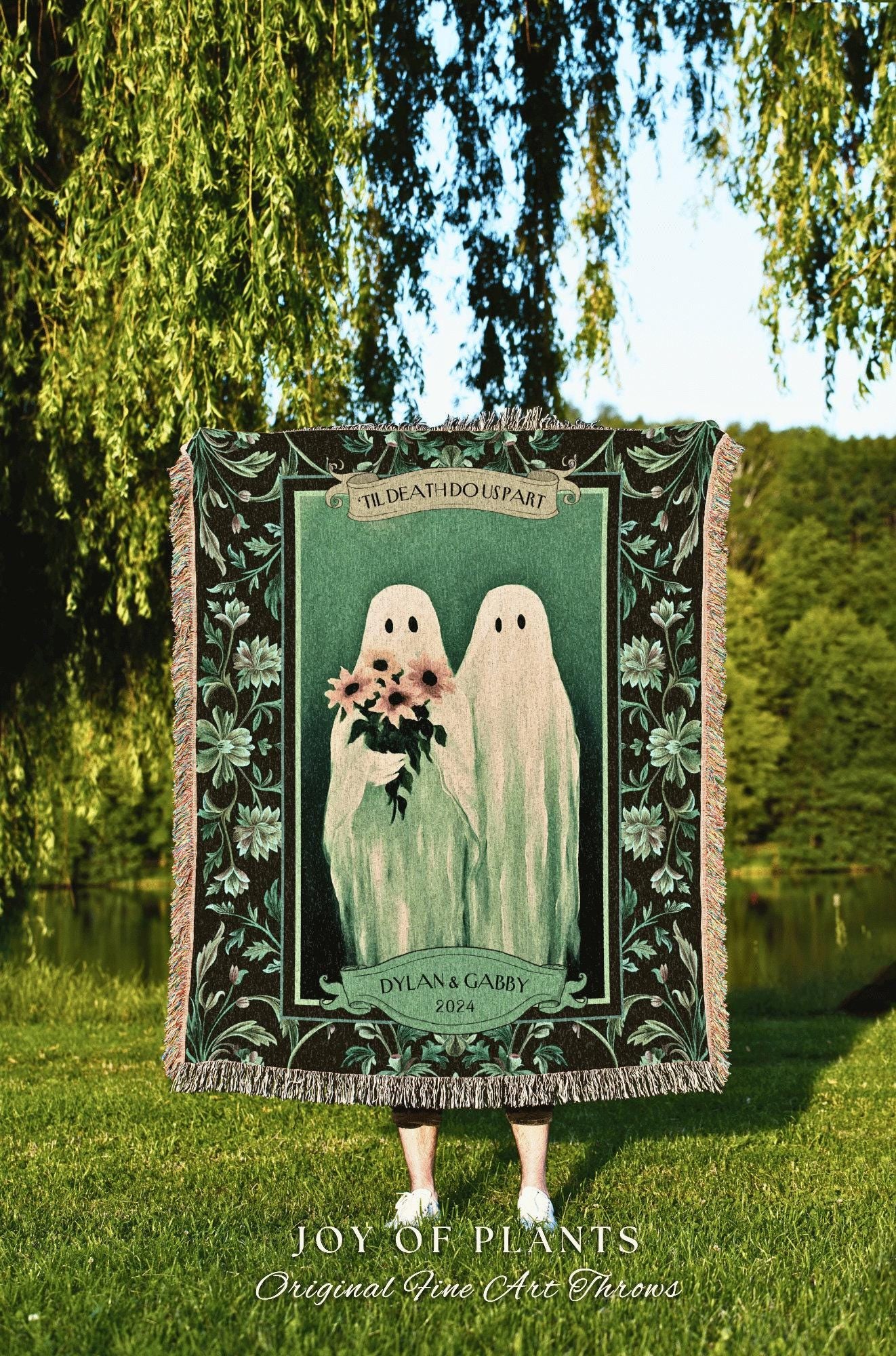 Mr & Mrs Ghost Couple Gothic Wedding Tapestry | Celestial Anniversary Personalized Wedding Custom Ghost Lover Kindred Spirits Dark Botanical