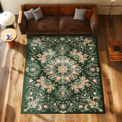 Sea Green Peachy Area Rug | Forest Green Aesthetic Room Decor Classic Ornate Victorian Living Room Rug Nordic Accent for Elegant Bedroom |