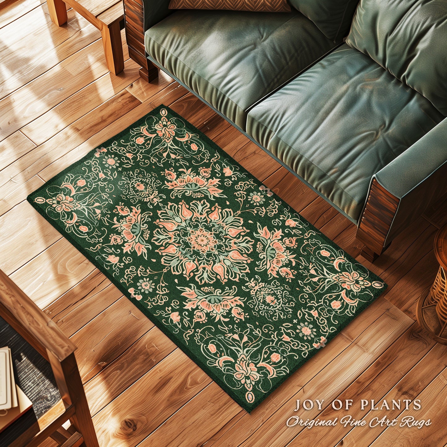 Sea Green Peachy Area Rug | Forest Green Aesthetic Room Decor Classic Ornate Victorian Living Room Rug Nordic Accent for Elegant Bedroom |