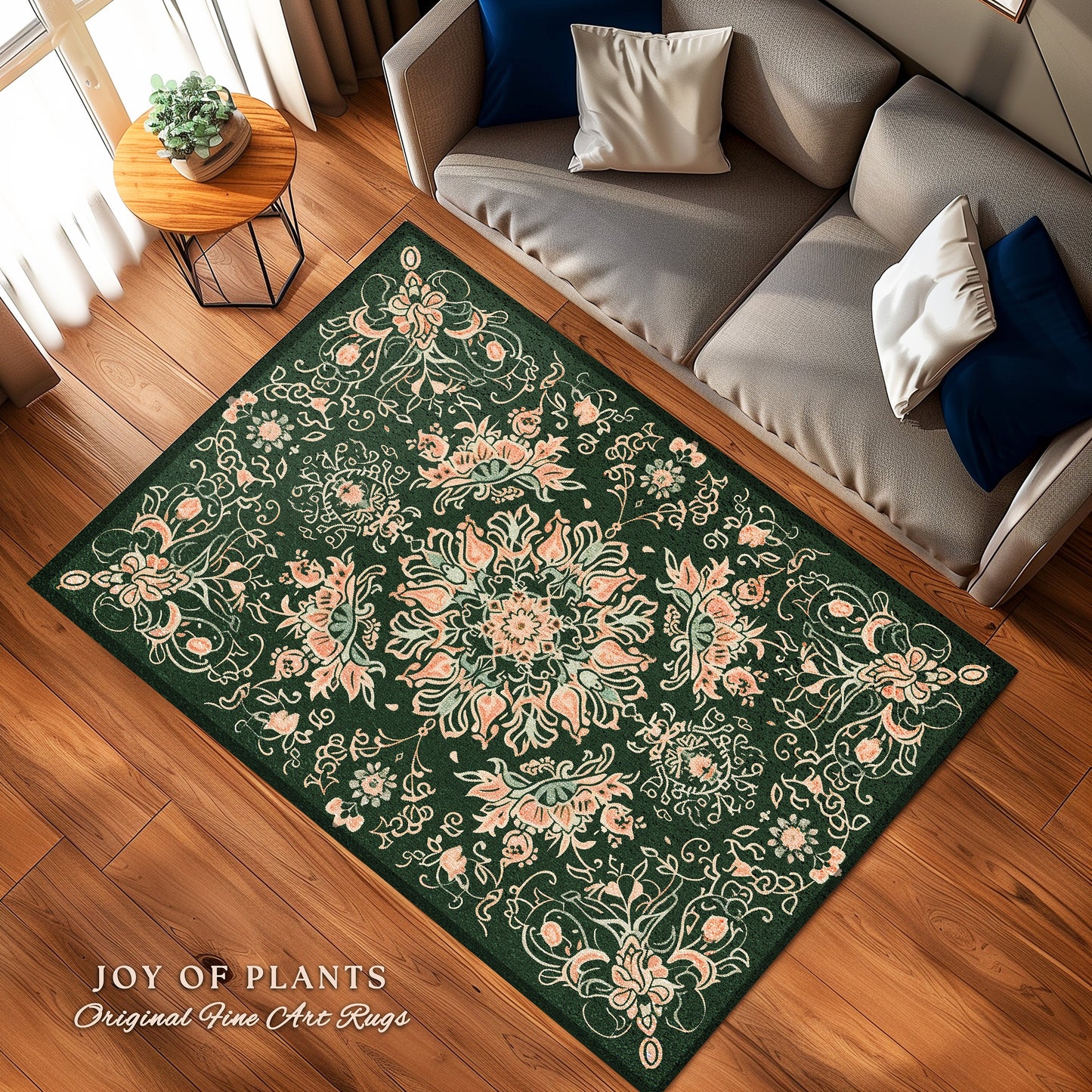 Sea Green Peachy Area Rug | Forest Green Aesthetic Room Decor Classic Ornate Victorian Living Room Rug Nordic Accent for Elegant Bedroom |