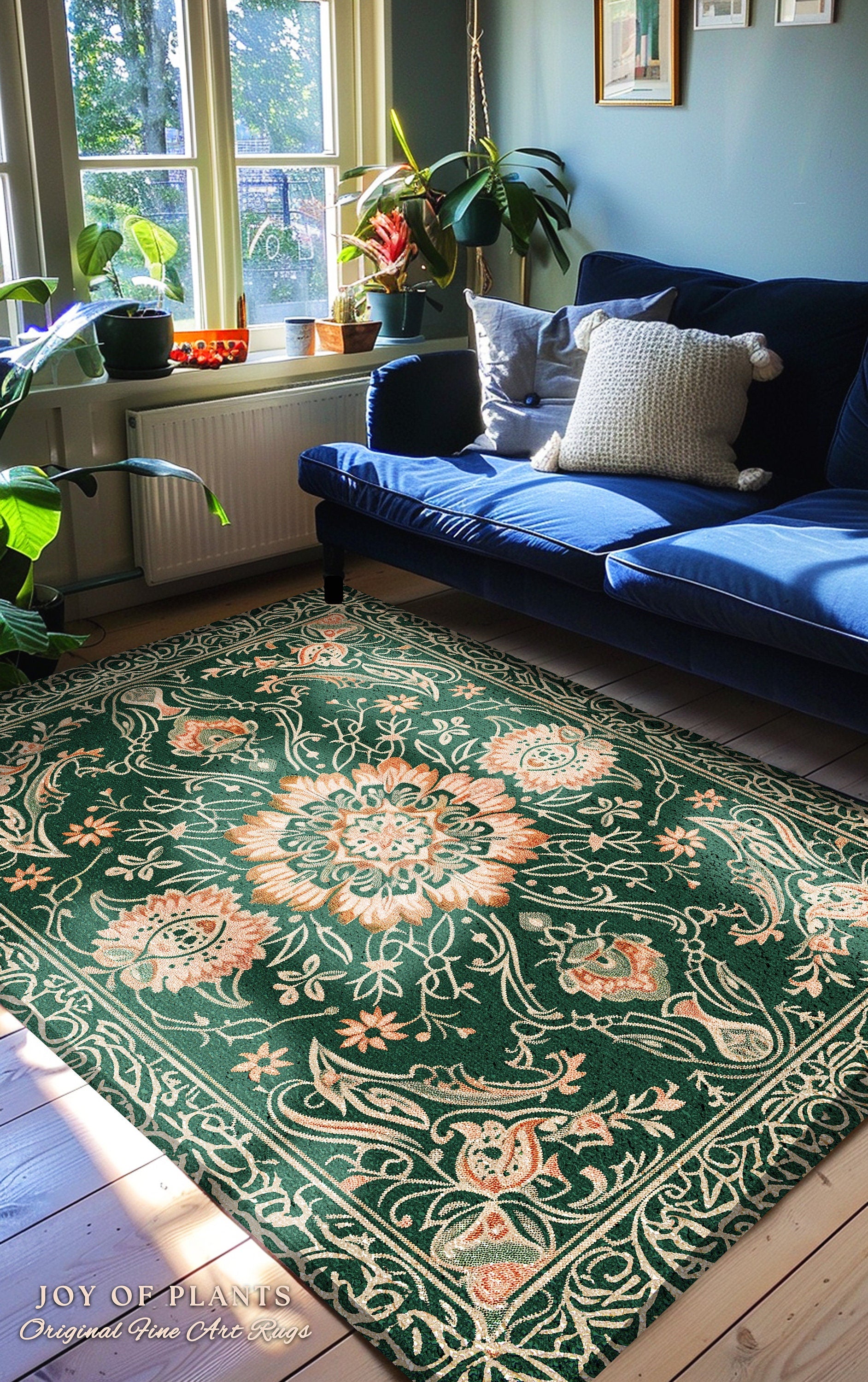 Statement Rug for Living Room | Emerald Green Aesthetic Maximalist Room Decor Classic Ornate Victorian Rug Nordic Accent for Elegant Bedroom