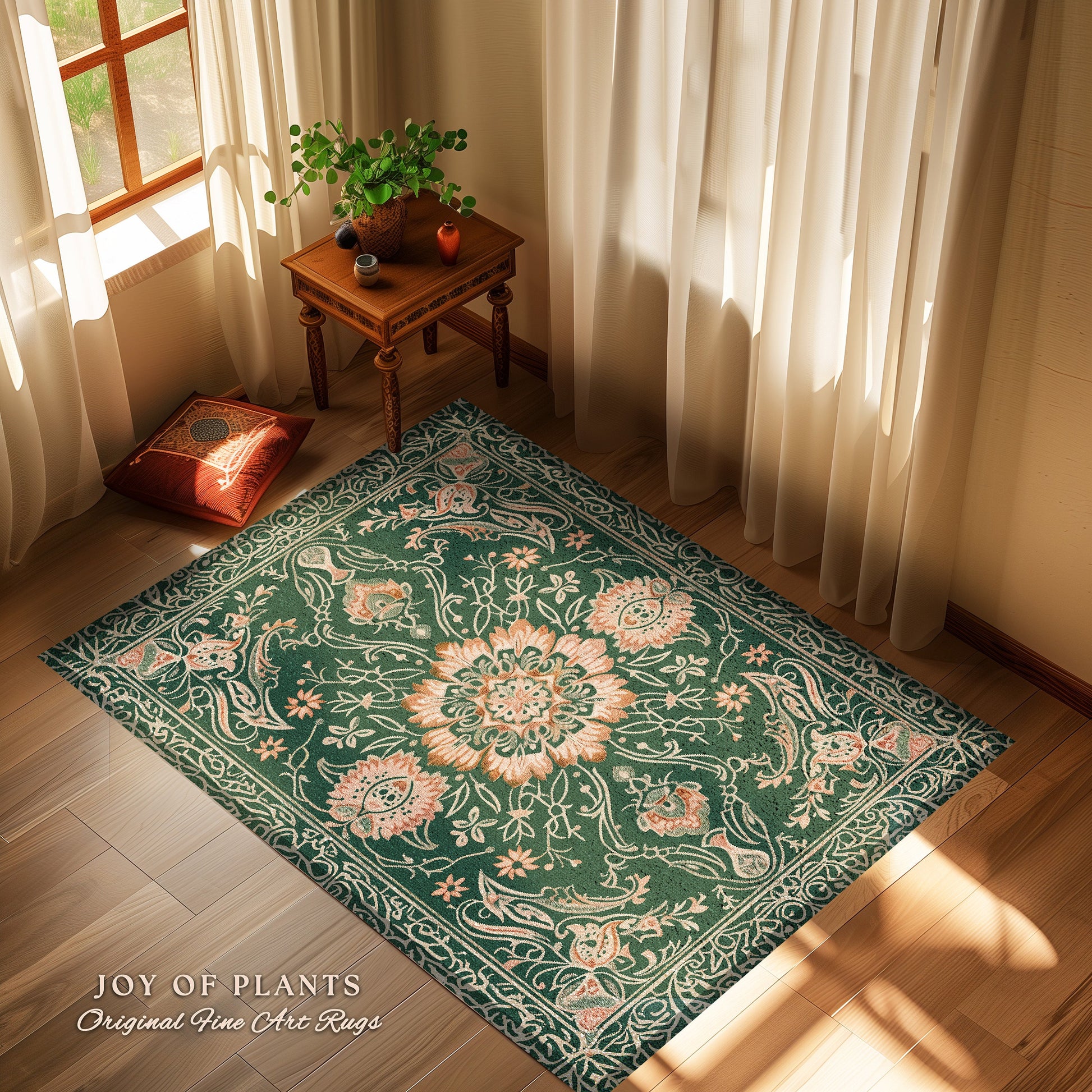 Statement Rug for Living Room | Emerald Green Aesthetic Maximalist Room Decor Classic Ornate Victorian Rug Nordic Accent for Elegant Bedroom