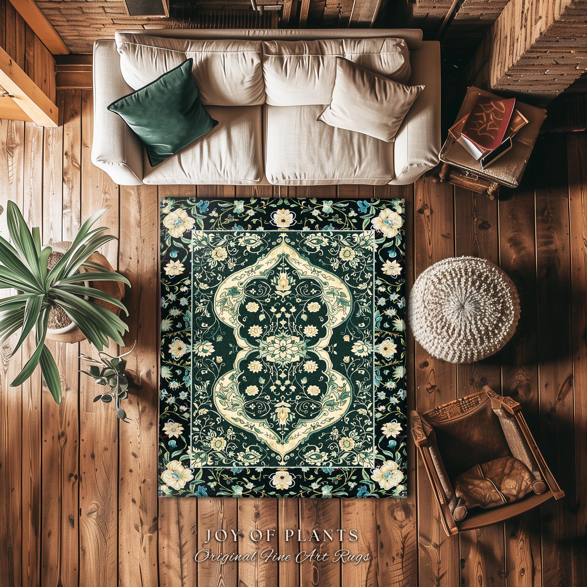 Bohemian Emerald Green Floral Whimsigoth Rug Vintage Cottagecore Aesthetic | Whimsical Art Nouveau Design Boho Botanical Cottagegoth Decor