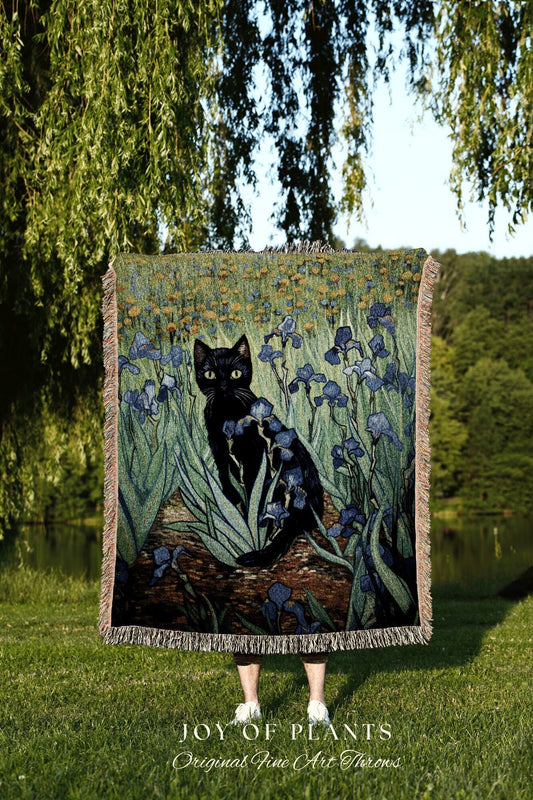 Iris Flower Painting Tapestry Woven Art Famous Cat Painting Decor Tapestry Black Cat Woven Blanket | Vincent Van Gogh Funny Tapestry Gift |