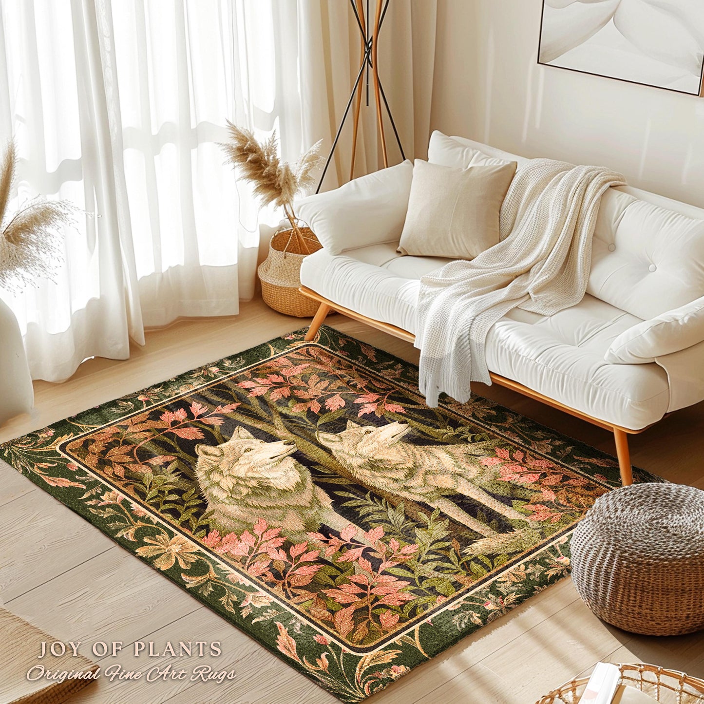 Woodland Wolf Area Rug | Nordic Aesthetic Dark Cottagecore Botanical Fantasy Inspired Rug Nature Themed Bedroom Whimsigothic Forest Wolf